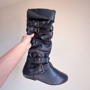 Women Forever Black Slouchy Buckle Flat Heel Knee High Riding Boots New